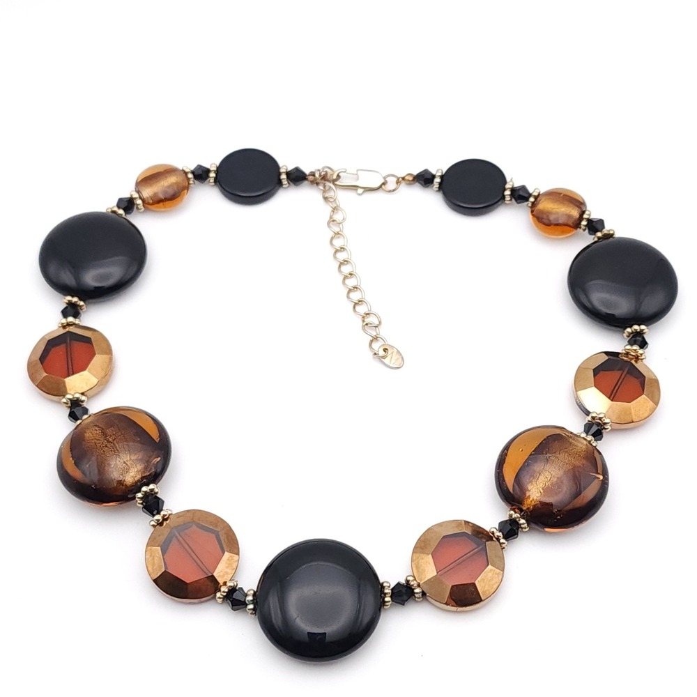 Vintage‎ Napier Black Amber Beaded Necklace Chunky Gold Tone - Picture 4 of 8
